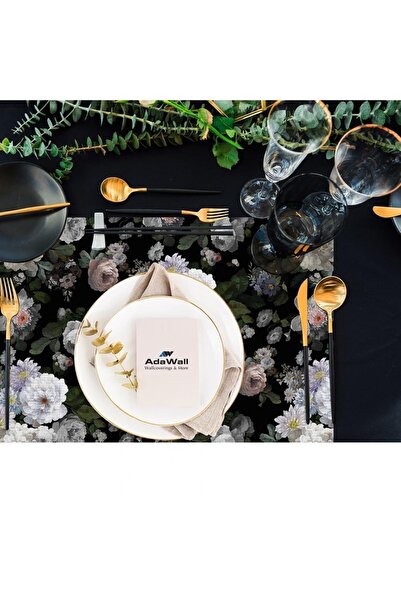 Adawall Black Floral Fabric American Service Set of 4 - 35x50cm (linen, NationalWashing and Fading Certificate)