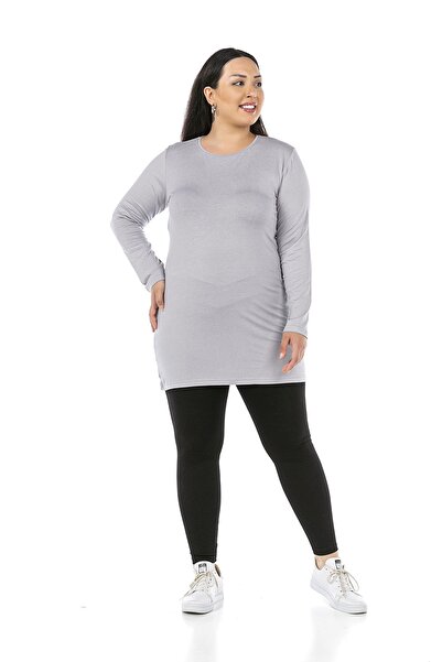 DISENTIS MODEST Plus Size Round Neck Long Sleeve Viscose Long Gray Body