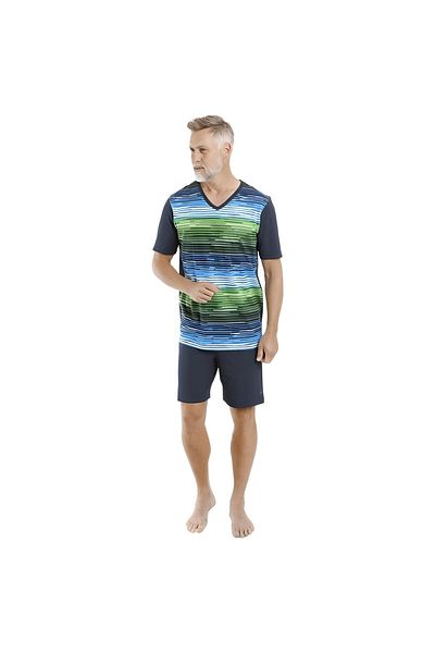 Nur Aka by Nurteks Men's Striped Pattern V-Neck Embroidered Pajama Set