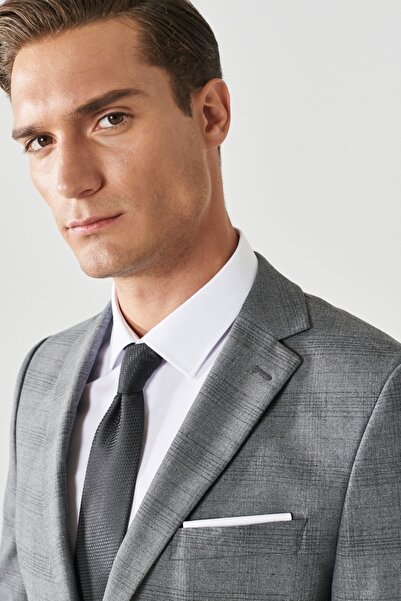 ALTINYILDIZ CLASSICS Men's Gray Extra Slim Fit Slim Fit Mono Collar Checked Suit