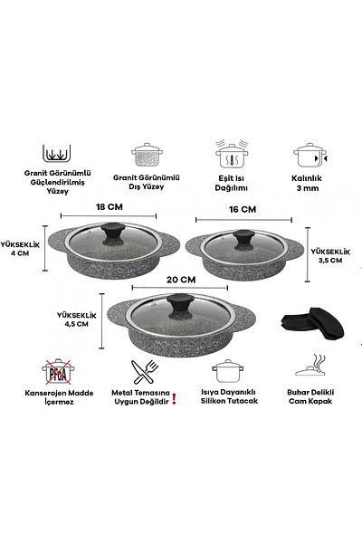 Taç Granite Plus 3-Piece Pan Set with Plug/Remove Silicone Handles