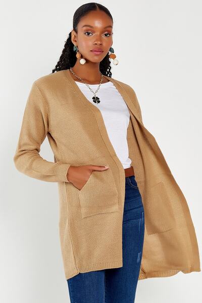 Hopoi Cardigan Camel cu buzunar dublu pentru femei 60500