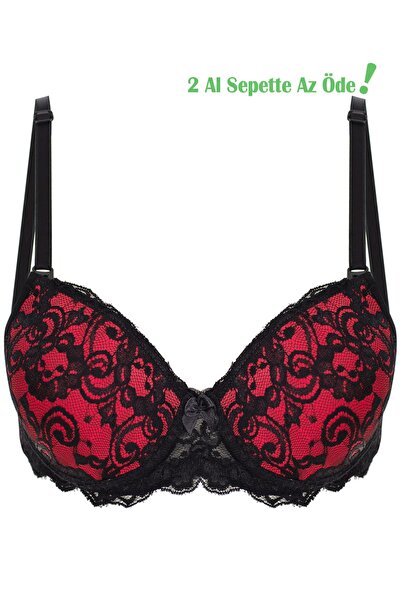 Alışveriş Meydanı Siyah Kırmızı Dantelli Desteksiz Dolgusuz Balenli Boş Kap S...