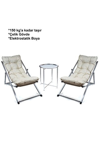 HASTUNÇ Minderli - Zeta Şezlong Seti Bahçe&balkon&teras&plaj Katlanır Ikili Set - 2 Şezlong 1 Sehpa