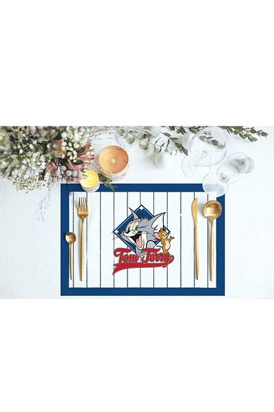 Adawall Navy Blue Striped Tom & Jerry Fabric American Service Set of 4 35x50cm Warner Bros Licensed, Linen Fabric