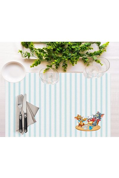 Adawall Tom And Jerry Striped Fabric American Service Set of 4 35x50cm- Warner Bros Licensed Product, Linen Fabric
