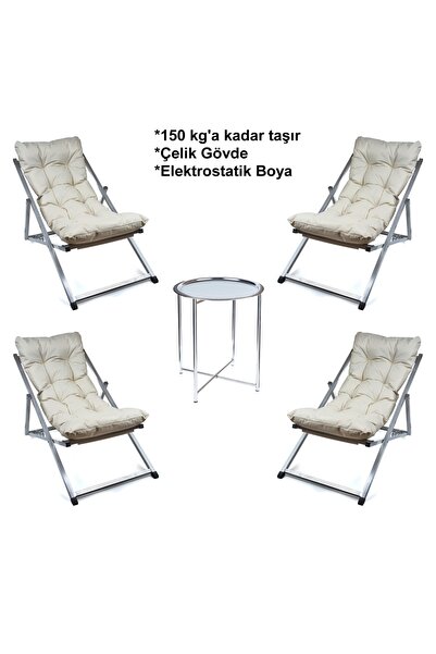 HASTUNÇ Minderli Katlanır Şezlong Seti Bahçe, Balkon, Teras ve Plaj İçin 4 Şe...