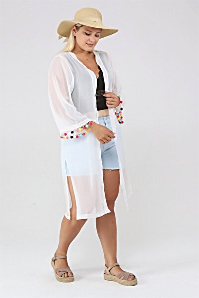 Seamoda Σιφόν μανίκι με λεπτομέρεια Pompon Pareo-λευκό