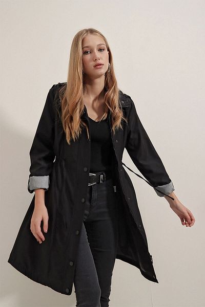 hazelin Women's Black Pocket Detailed Gathered Waist Lined Long Trench Coat Hzl23w-bd158081
