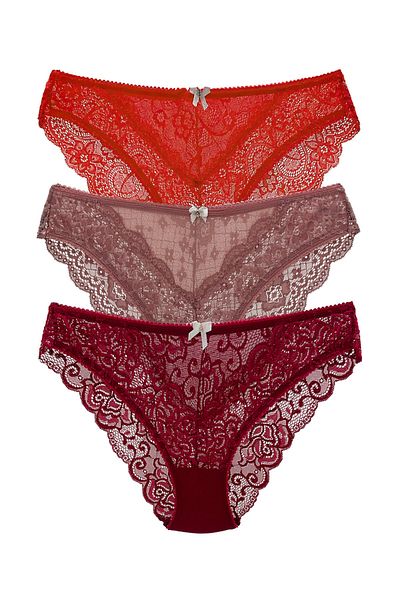 HNX 3-Piece Tulle Front Full Lace Slip Women's Panties