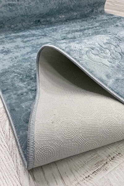 ELVİRAHOME Emboss Sultanate Blue All-Season Washable Non-Slip Base Cut Runner