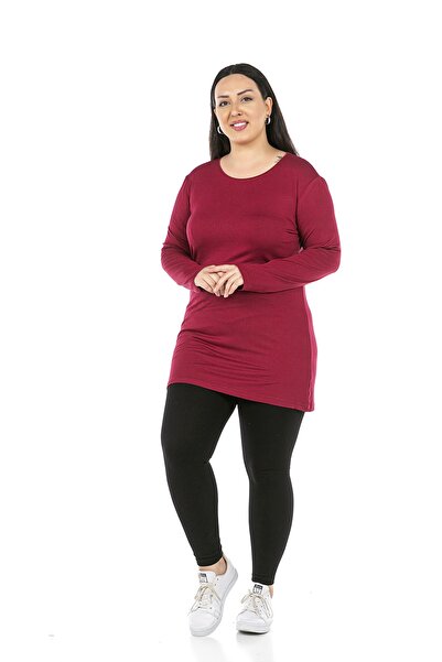 DISENTIS MODEST Plus Size Round Neck Long Sleeve Viscose Long Burgundy Body