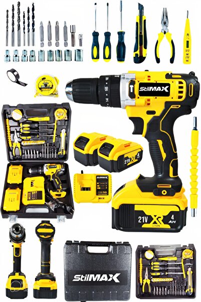 stilmax Şarjlı Matkap Lion Çift Akülü Turbo Darbeli 21v 4ah Çift Vuruşlu Metal Şanzıman Full Takım Setli