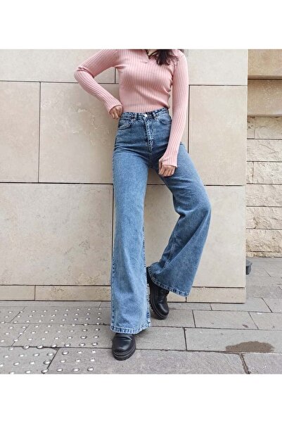 LİMABEL Blue Snow Wash cu talie înaltă, blugi largi din lycra cu talie foarte înaltă