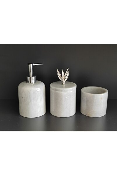 Polen Stone Beyaz Mermer 3'lü Banyo Seti Gümüş Rengi Zeytindalı Akseuarlı