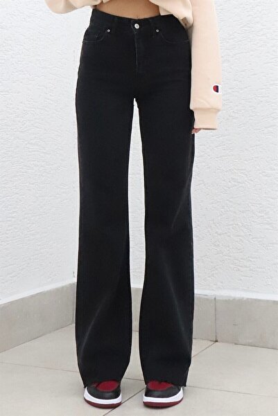 DRC trend بنطلون جينز نسائي أسود فضفاض عالي الخصر من الليكرا واسع الساق