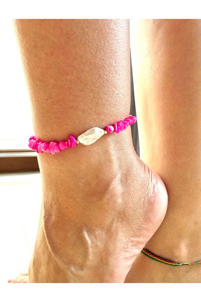 Atelier Çağla Fuchsia Pink Pearl Natural Mother of Pearl Stone Anklet