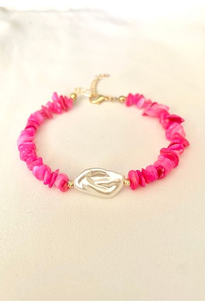 Atelier Çağla Fuchsia Pink Pearl Natural Mother of Pearl Stone Anklet