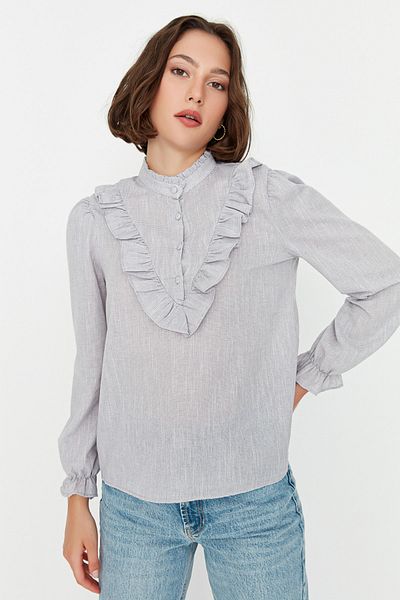 Trendyol Collection Сіра ткана блузка з оборками з довгим рукавом TWOSS21BZ0325
