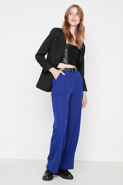 Trendyol Collection Blue High Waist Wide Leg/Wide Leg Pleated Woven Fabric Pants Twoaw21Pl0076