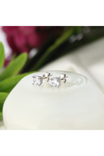 Zanaatsilver 925 Ayar Gümüş Pırlanta Montürlü Tektaş Küpe-4mm