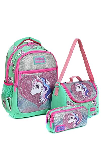 çantavizyon Su Yeşili Unicorn Desenli 3' Lü Okul Çantası Seti Coral23496