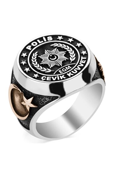Anı Yüzük Ay Yıldızlı Osmanlı Armalı Egm Polis Çevik Kuvvet 925 Ayar Gümüş Yü...