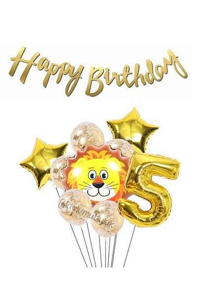 BİDOLUMUTLULUK Gold Lion Foil Balloon Calligraphy Set Birthday