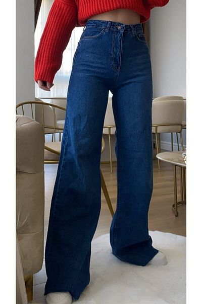 Trn JNS Blue inchis Lycra anii 90 cu talie super inalta Blugi largi Pantaloni Palazzo Super inalti