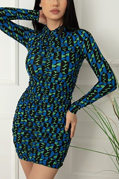 vuvutasarım Patterned Gathered Front Crepe Fabric Long Sleeve Evening & Graduation Dress 025