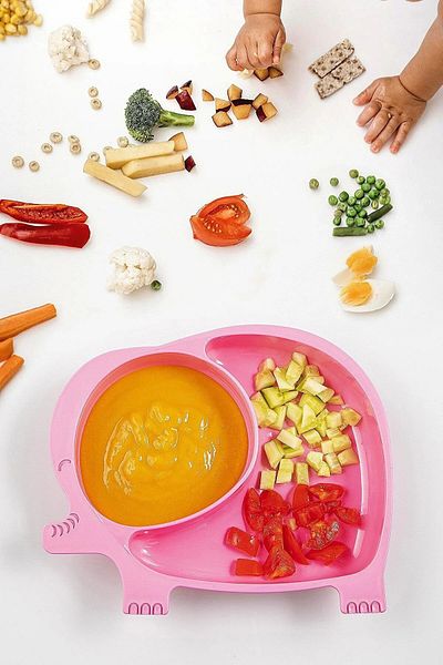Pazarika Baby Food Plate with Elephant Figure and Compartments, Pink