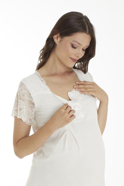 Miss Dünya Lissa Beyaz Dantel Detaylı Hamile Ve Lohusa Gecelik Takımı