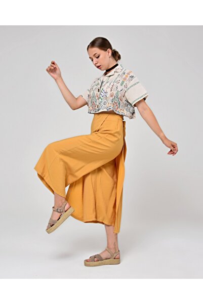 sehatex Mustard Colored Wide Leg Midi Skirt with Elastic Waist