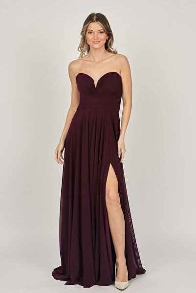 ŞEREF VURAL Kadın Straplez Uzun Abiye Elbise 5437021 Mürdüm