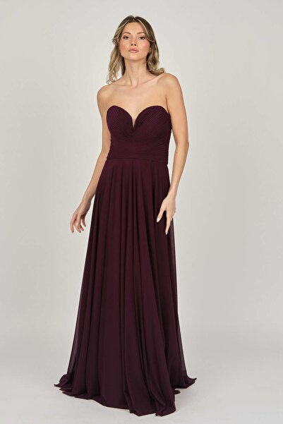 ŞEREF VURAL Kadın Straplez Uzun Abiye Elbise 5437021 Mürdüm