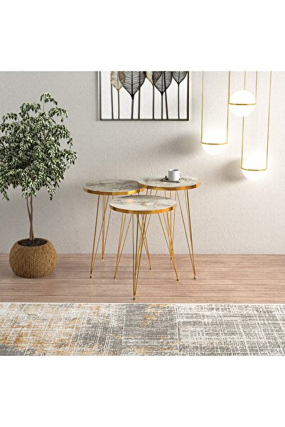 EGEMODÜLER Efes Gold Metal Ayaklı Gold Detaylı Zigon Sehpa