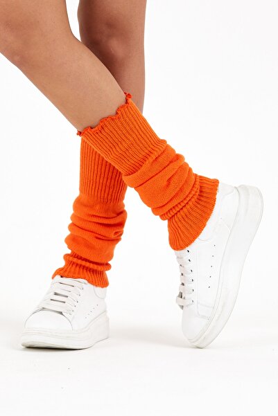 SOCKS WORLD Kadın Kalın Pamuklu Kışlık Tozluk&aerobik Bot Çorap Kıvrımlı Model Turuncu