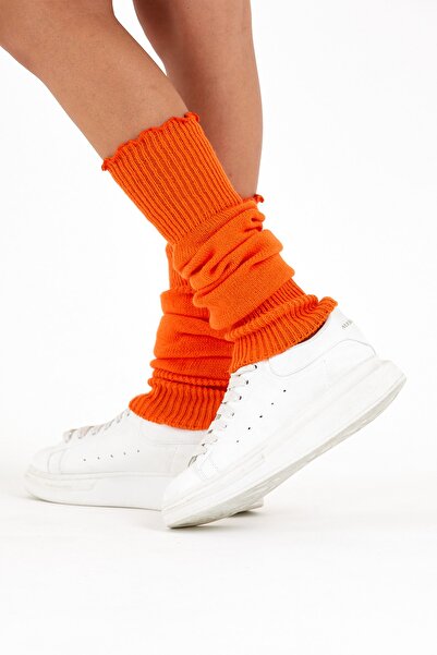 SOCKS WORLD Kadın Kalın Pamuklu Kışlık Tozluk&aerobik Bot Çorap Kıvrımlı Model Turuncu