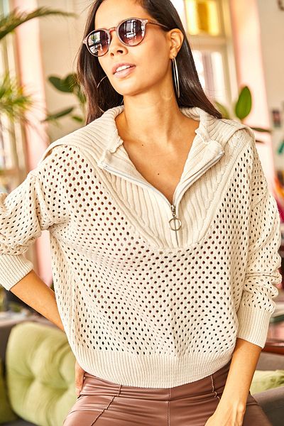 Olalook Women's Stone Openwork Zippered Stand Collar Oversize Knitwear Sweater KZK-19000423
