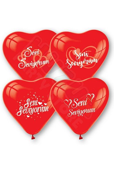 Huzur Party Store I Love You Printed Heart Balloon 10 Pieces 30 Cm Red Heart Valentine's Day Romantic Birthday
