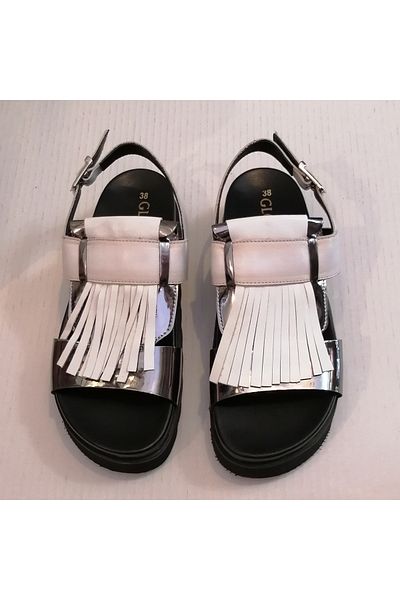 Gloria Women's Genuine Leather White Silver Tasseled Side Silver Buckle Eva Sole Sandals