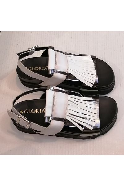 Gloria Women's Genuine Leather White Silver Tasseled Side Silver Buckle Eva Sole Sandals