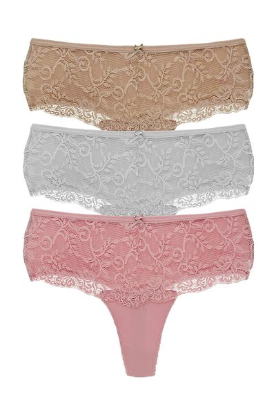 HNX High Waist Lace Front Large Size Women's String - Set of 3