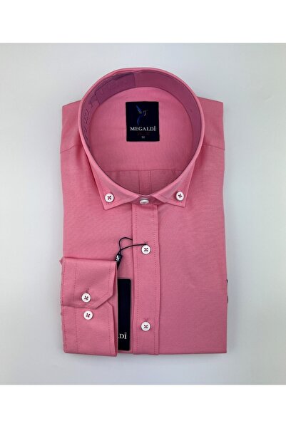 MEGALDİ Erkek Slim Fit Nar Çiçeği Spor Şamreli Düz Gömlek