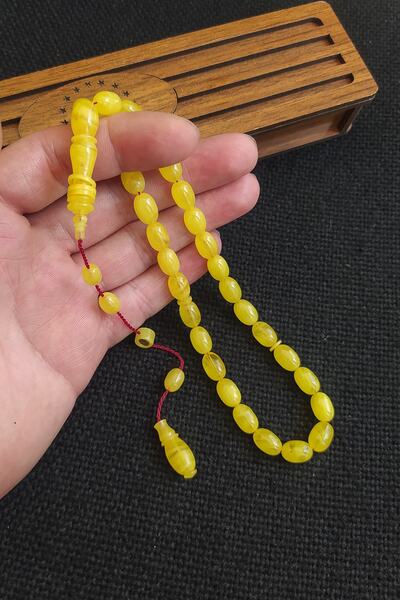 Vip Kehribar 8x11 Mm Mesut Elma Usta Işçilikli Sarı Sıkma Kehribar Tesbih Imzalı Sistemli Tespih Ahşap Kutulu