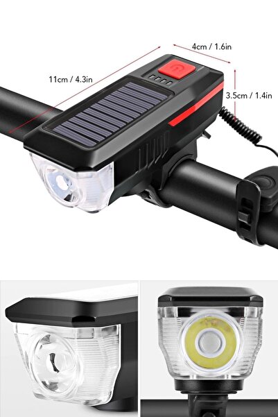 Buffer ® Solar Enerjili Usb Ile Şarj Edilebilir Ledli Bisiklet Feneri Kornalı Ve Su Geçirmez Far