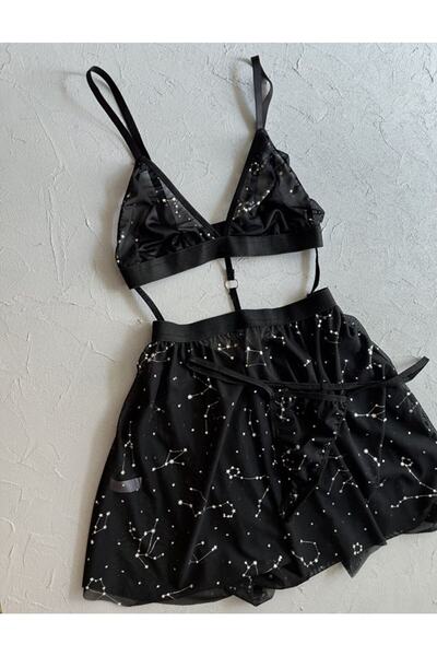 Nightlight Women's Black Star Patterned Mini Fancy Nightgown