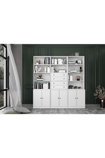 Nettrends 6 Kapakli Çekmeceli Kitaplik 200 Cm Beyaz Ktp-1340-ç