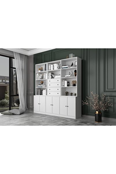 Nettrends 6 Kapakli Çekmeceli Kitaplik 200 Cm Beyaz Ktp-1340-ç