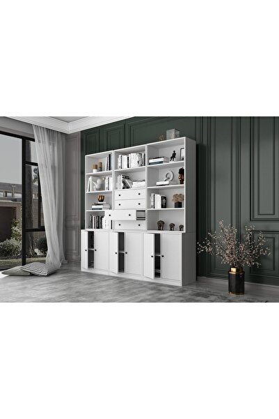 Nettrends 6 Kapakli Çekmeceli Kitaplik 200 Cm Beyaz Ktp-1340-ç